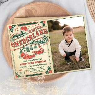 Christmas Retro Vintage Rustic Birthday Photo Invitation