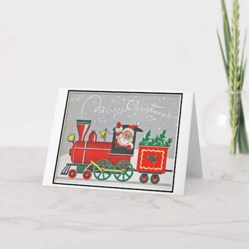 Christmas Retro Vintage Santa Red Train Holiday Card