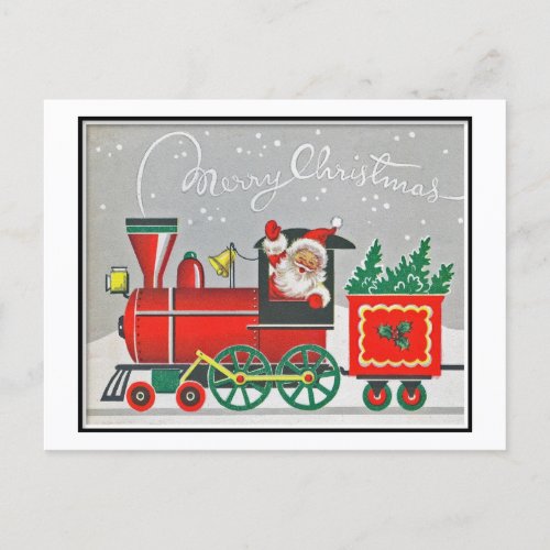 Christmas Retro Vintage Santa Red Train Holiday Postcard