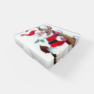 Christmas retro vintage Santa reindeer Coaster Set