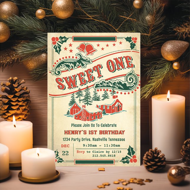 Christmas Retro Vintage Sweet One Birthday Party Invitation (Creator Uploaded)