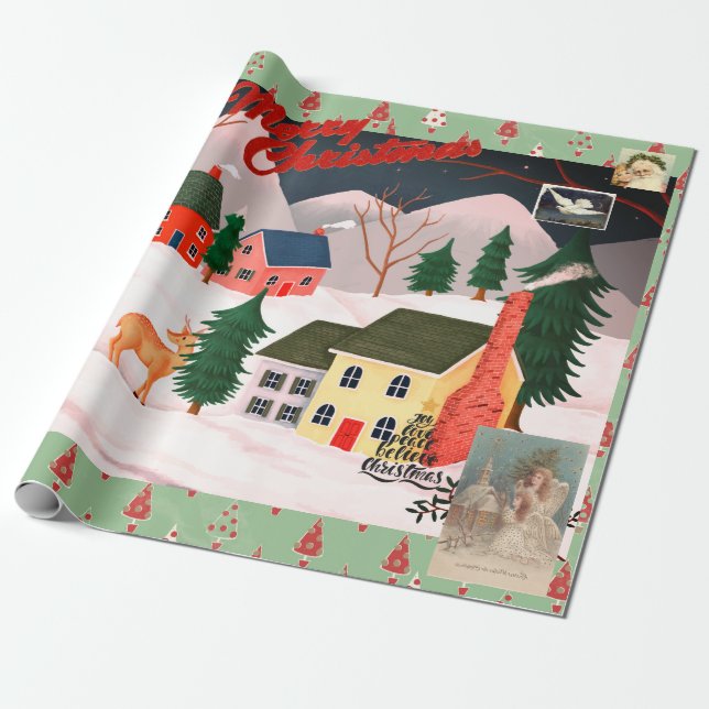 CHRISTMAS RETRO WINTER VILLAGE Wrapping Paper (Unrolled)