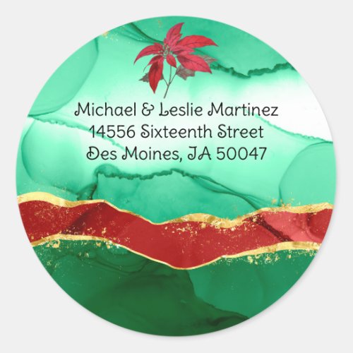 Christmas Return Address alcohol ink in green  Classic Round Sticker