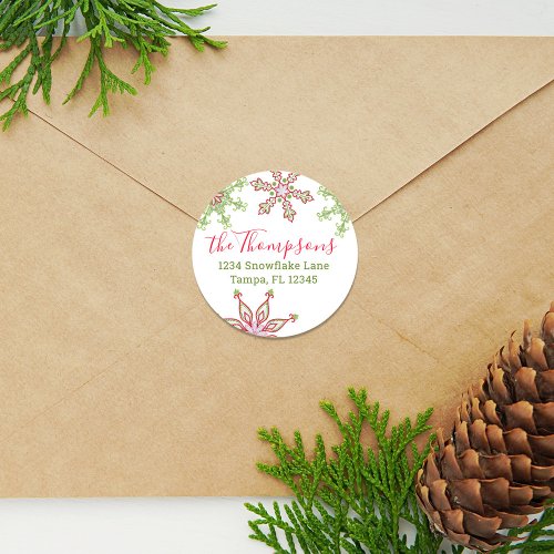 Christmas Return Address Cute Colorful Snowflakes  Classic Round Sticker