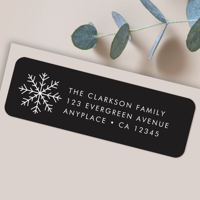 Christmas Return Address Label | Black Snowflake (Simple snowflake Christmas return address labels for Holiday card mailing & festive gift parcels)