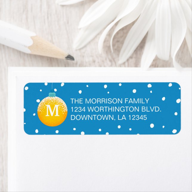 Christmas return address label with snow and ball (Insitu)