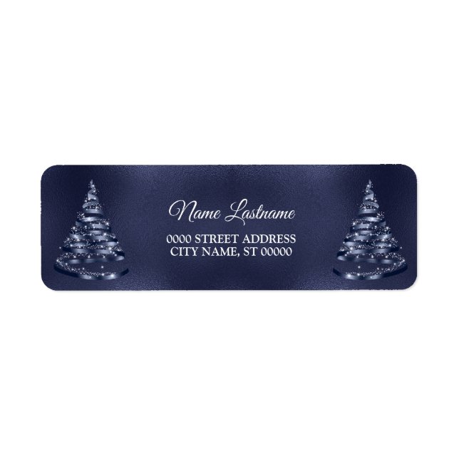 Christmas Return Address Shiny Blue Ribbon Tree Label (Front)