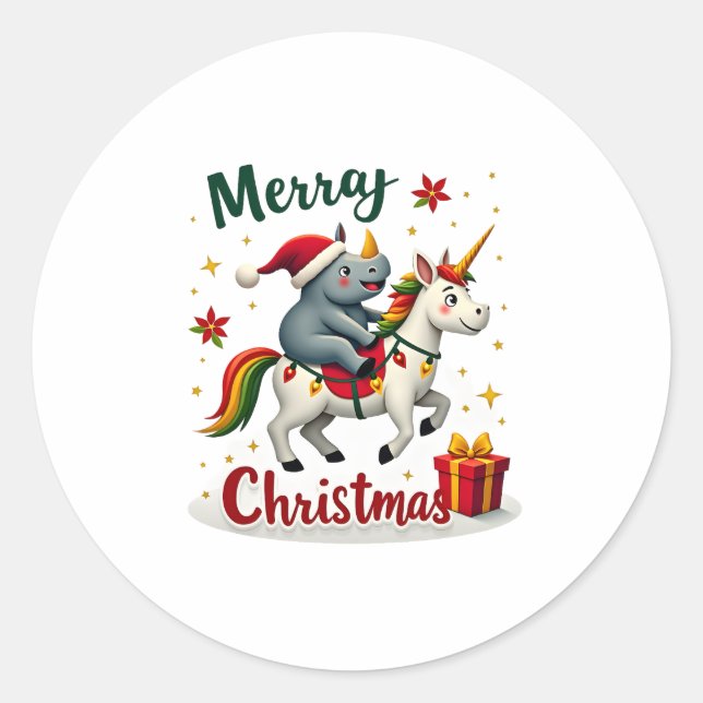 Christmas Rhino Merry Christmas Unicorn Rhino T-Sh Classic Round Sticker (Front)