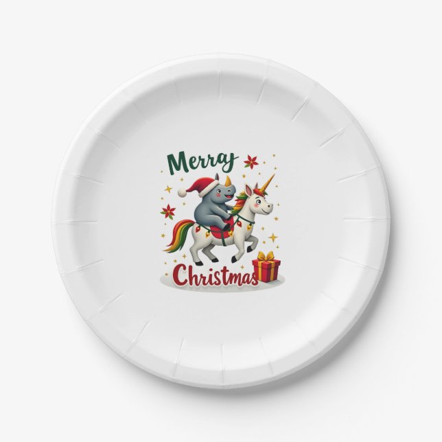 Christmas Rhino Merry Christmas Unicorn Rhino T-Sh Paper Plates (Front)