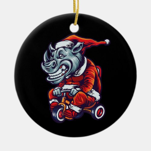 Christmas Rhino Santa Wearing Hat Merry Xmas Ceramic Ornament