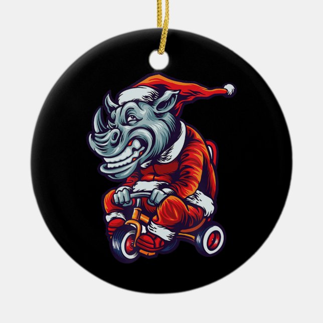 Christmas Rhino Santa Wearing Hat Merry Xmas Ceramic Ornament (Front)