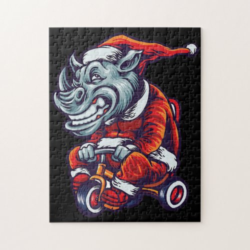 Christmas Rhino Santa Wearing Hat Merry Xmas Jigsaw Puzzle