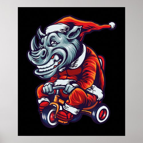 Christmas Rhino Santa Wearing Hat Merry Xmas Poster