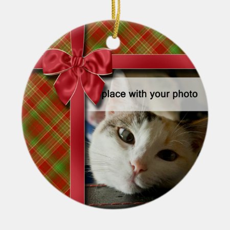 Christmas Ribbon And Plaid Photo Ornament