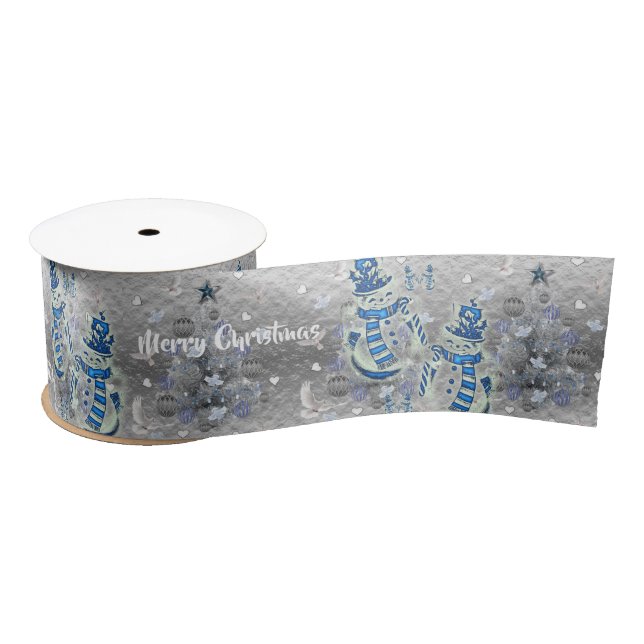 Christmas Ribbon, Merry Blue Silver Snowman Satin  Satin Ribbon (Spool)