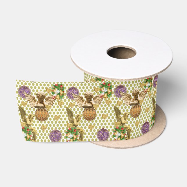 Christmas Ribbon, Merry Christmas Gold Angel Satin Ribbon (Spool)