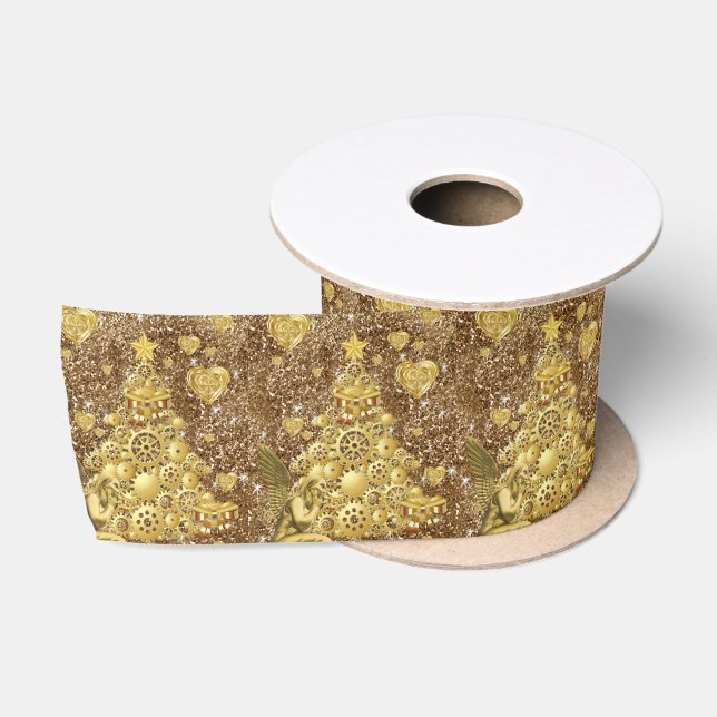 Christmas Ribbon, Merry Christmas Gold Angel Satin Ribbon (Spool)