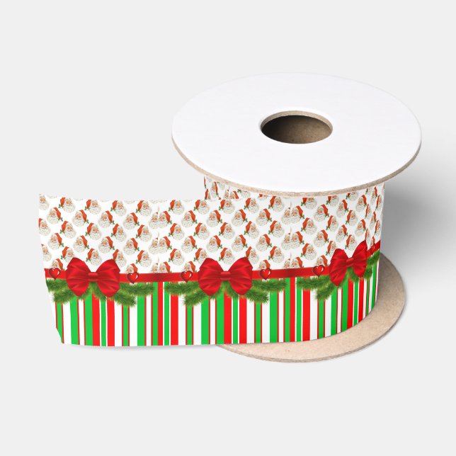 Christmas Ribbon, Merry Christmas Santa Stripe Satin Ribbon (Spool)