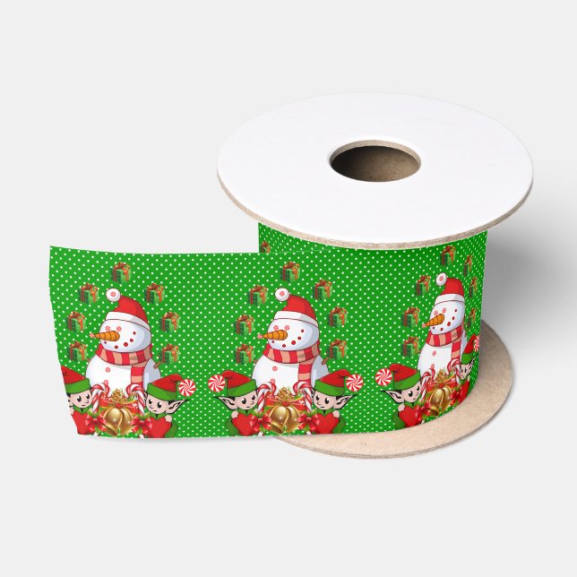 Christmas Ribbon, Merry Christmas Snowman Elf Satin Ribbon (Spool)