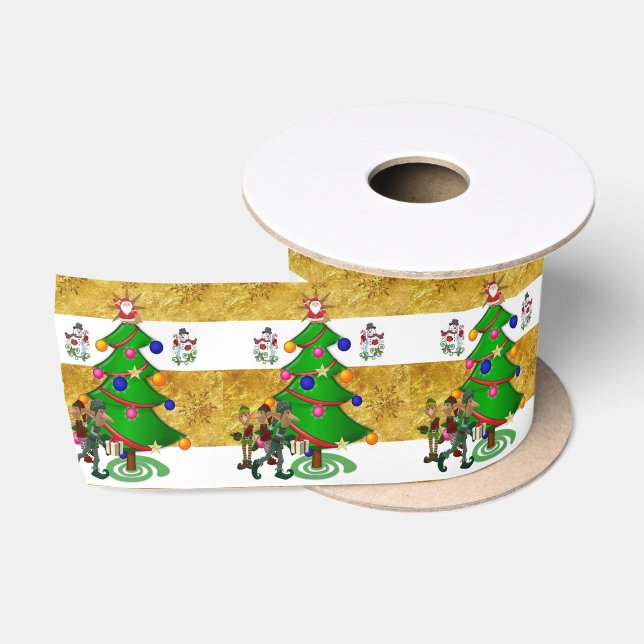 Christmas Ribbon, Merry Christmas Snowman Elf Satin Ribbon (Spool)