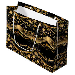 Christmas Ribbon & Starry Night Gold Print Large Gift Bag