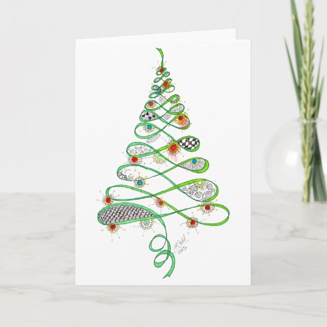 Christmas Ribbon Tree Drawing - Whimsical Holiday Card (Front)