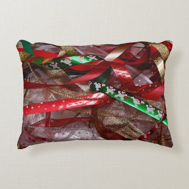 Christmas Ribbons Red Green and Gold Holiday Accent Pillow (Front)