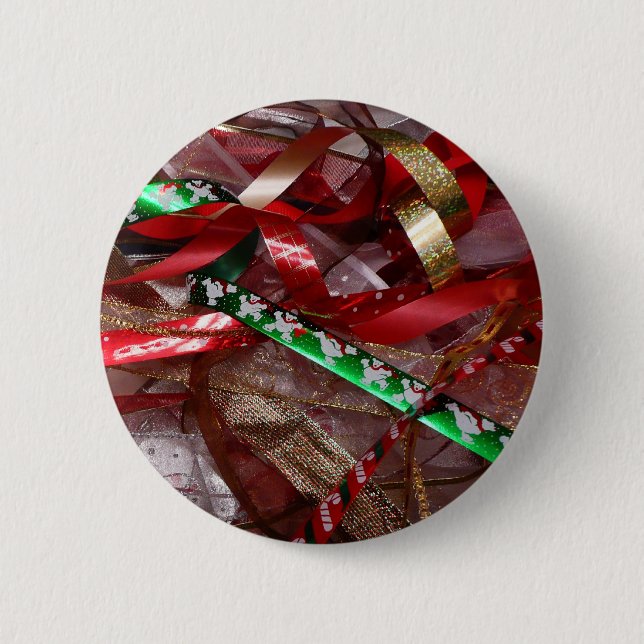 Christmas Ribbons Red Green and Gold Holiday Button (Front)