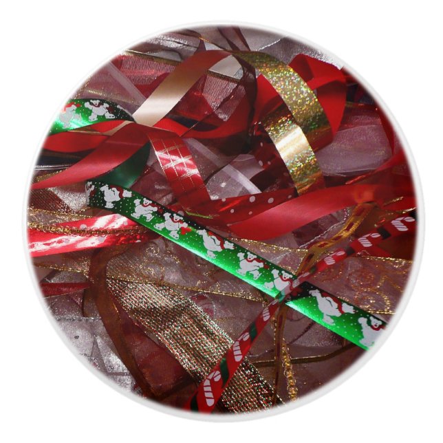 Christmas Ribbons Red Green and Gold Holiday Ceramic Knob (Front)