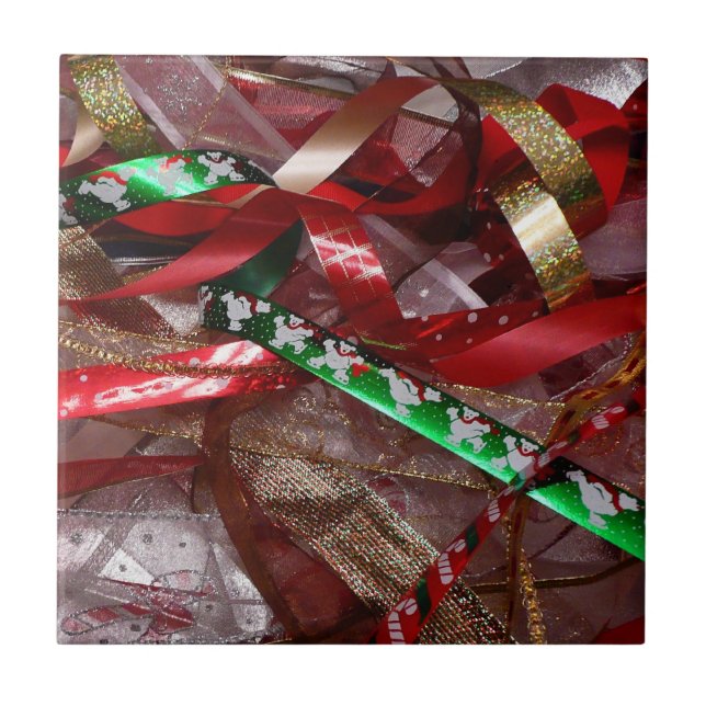 Christmas Ribbons Red Green and Gold Holiday Ceramic Tile (Front)