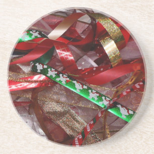 Christmas Ribbons Red Green and Gold Holiday Drink Coaster