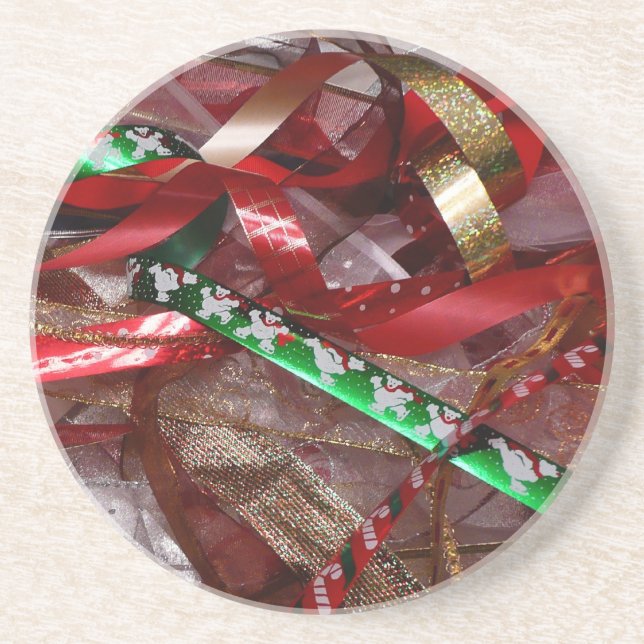 Christmas Ribbons Red Green and Gold Holiday Drink Coaster (Front)