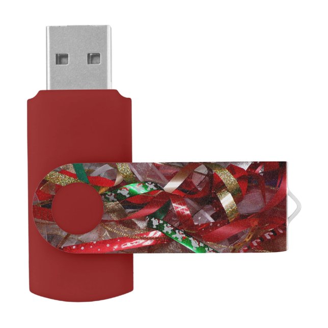 Christmas Ribbons Red Green and Gold Holiday Flash Drive (Opened)
