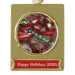 Christmas Ribbons Red Green and Gold Holiday Gold Plated Banner Ornament