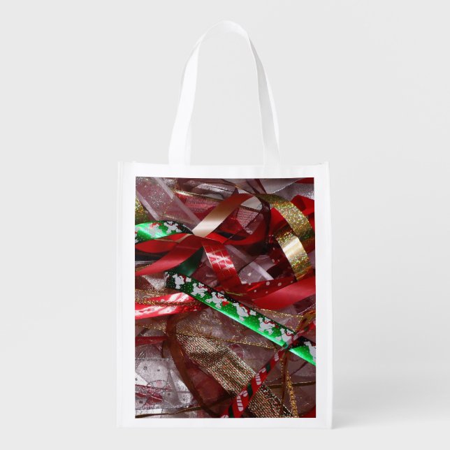 Christmas Ribbons Red Green and Gold Holiday Grocery Bag (Front)