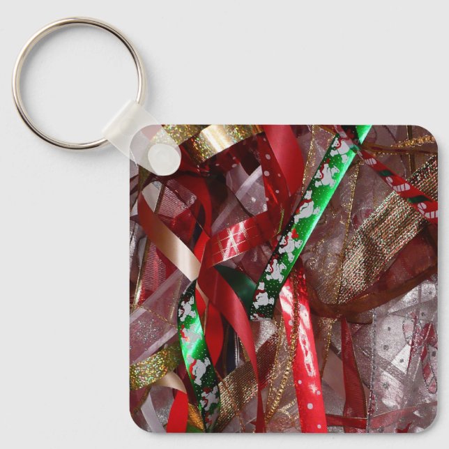 Christmas Ribbons Red Green and Gold Holiday Keychain (Front)