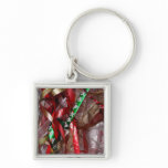 Christmas Ribbons Red Green and Gold Holiday Keychain