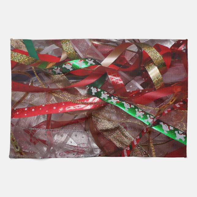 Christmas Ribbons Red Green and Gold Holiday Kitchen Towel (Horizontal)