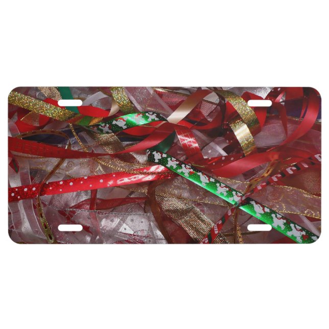 Christmas Ribbons Red Green and Gold Holiday License Plate (Front)