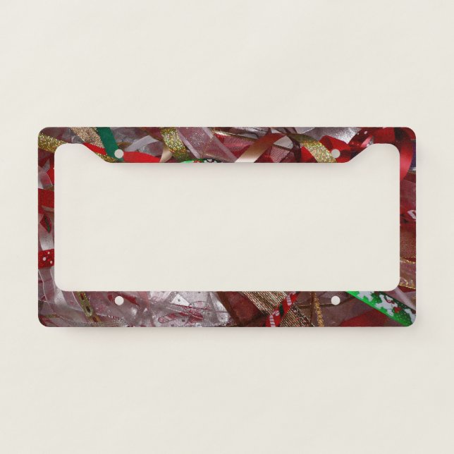 Christmas Ribbons Red Green and Gold Holiday License Plate Frame (Front)