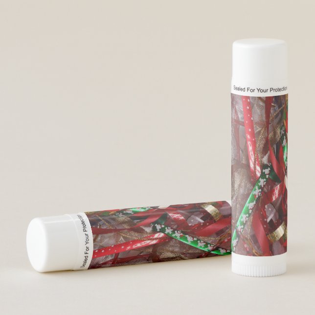 Christmas Ribbons Red Green and Gold Holiday Lip Balm (Front)
