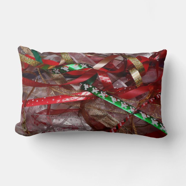 Christmas Ribbons Red Green and Gold Holiday Lumbar Pillow (Front)