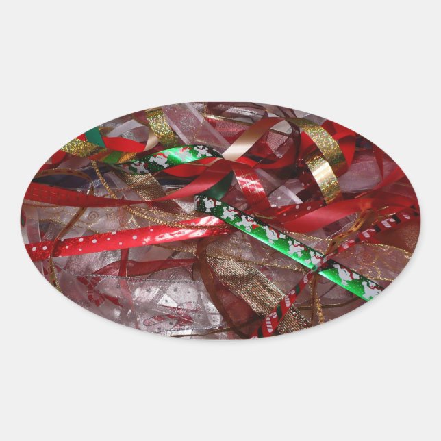 Christmas Ribbons Red Green and Gold Holiday Oval Sticker (Front)