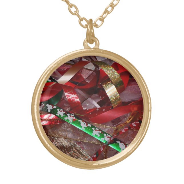 Christmas Ribbons Red Green and Gold Holiday Plated Necklace (Front)