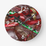 Christmas Ribbons Red Green and Gold Holiday Round Clock