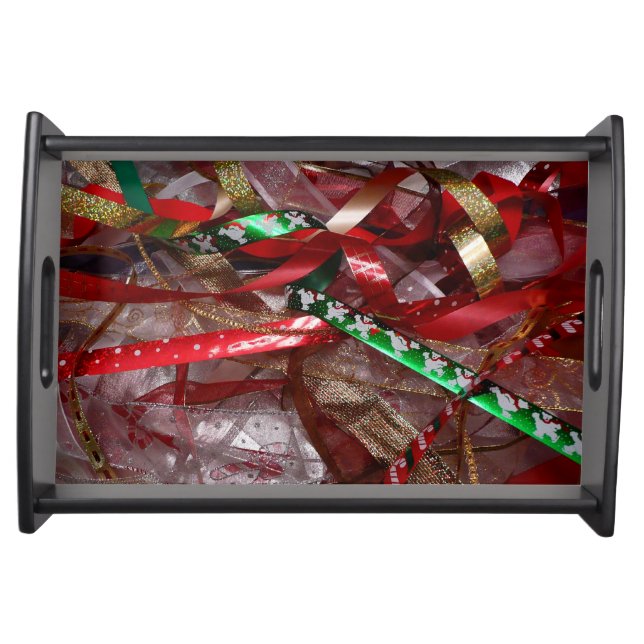 Christmas Ribbons Red Green and Gold Holiday Serving Tray (Front)