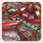 Christmas Ribbons Red Green and Gold Holiday Square Paper Coaster