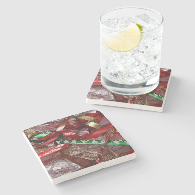 Christmas Ribbons Red Green and Gold Holiday Stone Coaster (Side)