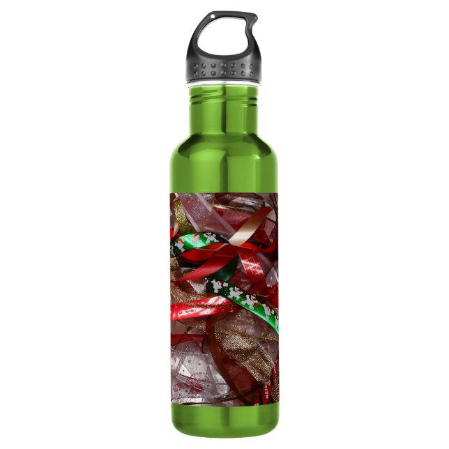 Christmas Ribbons Red Green and Gold Holiday Water Bottle (Front)