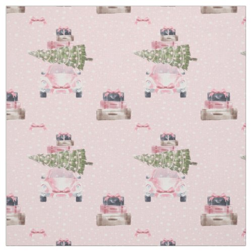 Christmas Road Trip Chic Pink Retro Watercolor Car Fabric